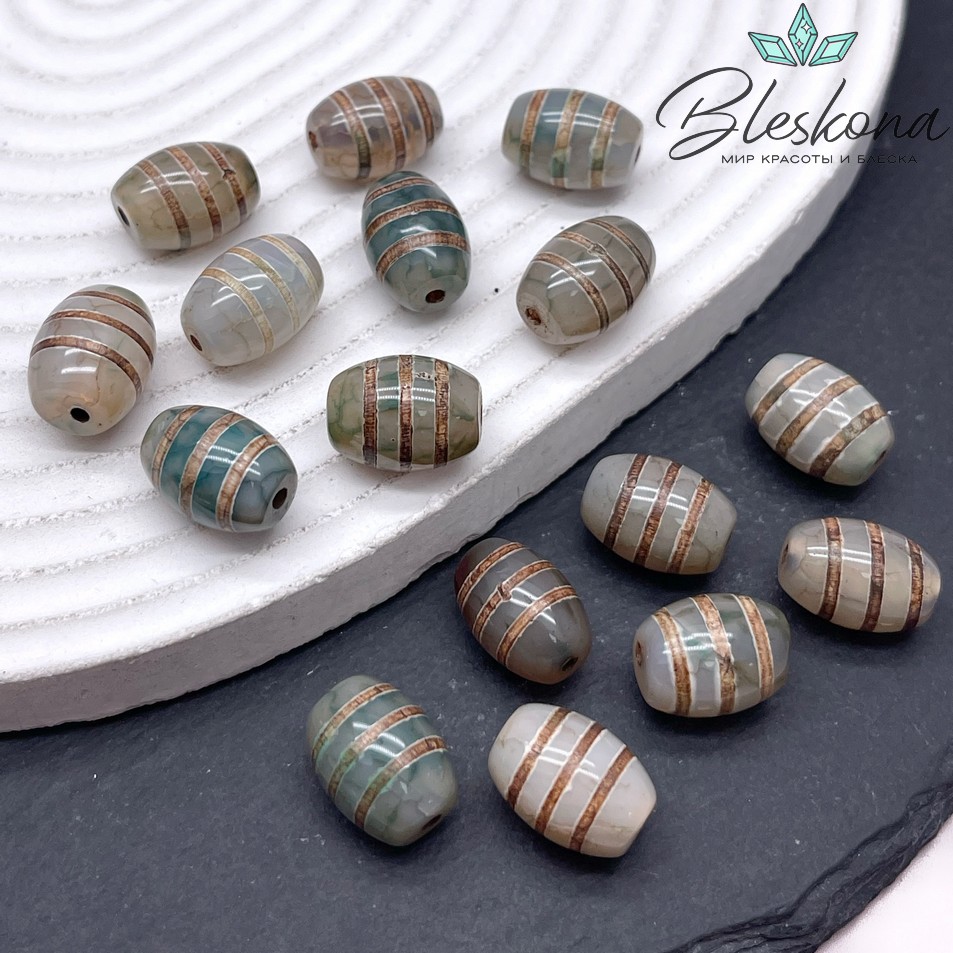 Бусина Дзи полосатая зелено-коричневый бочоной 10*14 мм