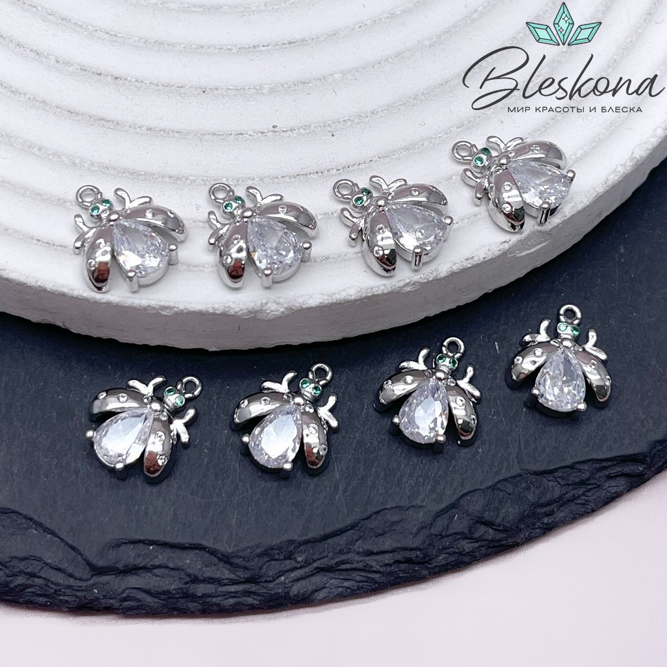 13,5*11,3 мм Цвет серебро, Подвеска Божья коровка цирконы 