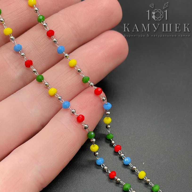 Цепь №162 цвет серебро, бусины 3*2 мм