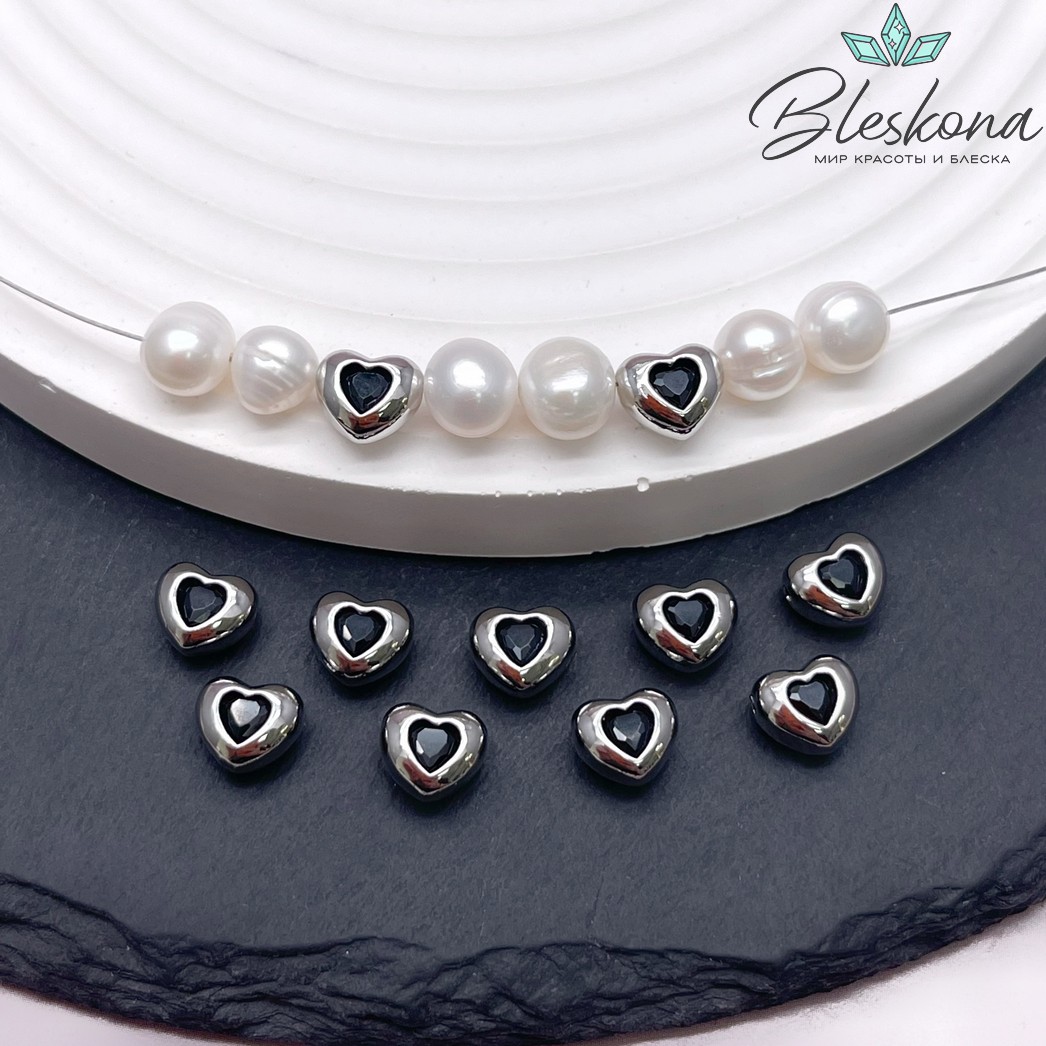 6,6*7,8 мм Цвет серебро, Бусина Сердце черный циркон