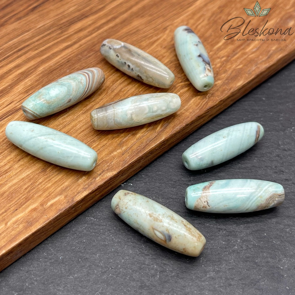  Дзи природные бирюзовые из агата 30*10 мм
