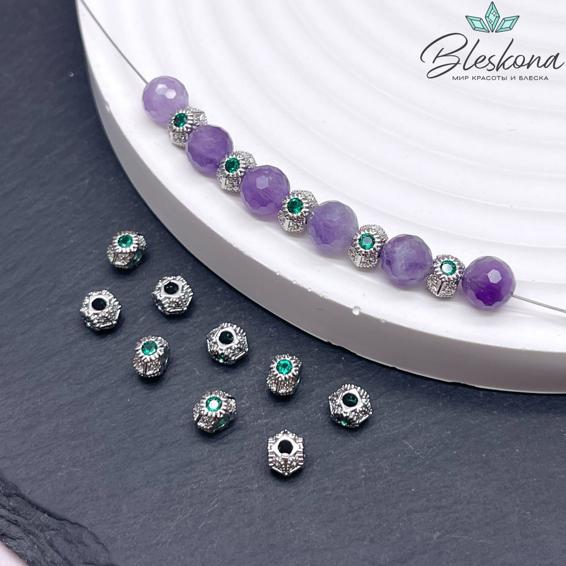 3,8*5,6 мм Цвет серебро, Бусина-разделитель зеленый циркон