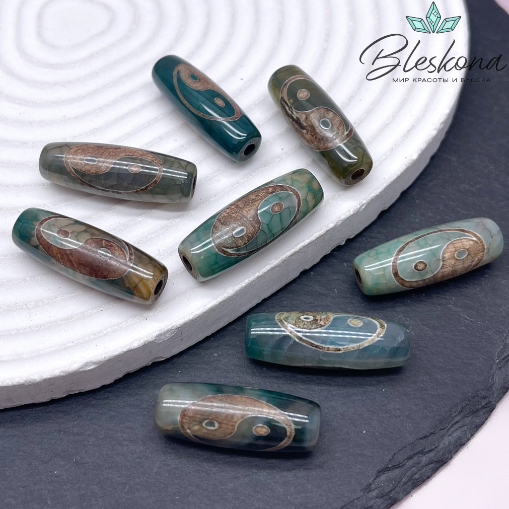 Бусина Дзи Инь-Янь зелено-коричневый бочонок 30*11 мм