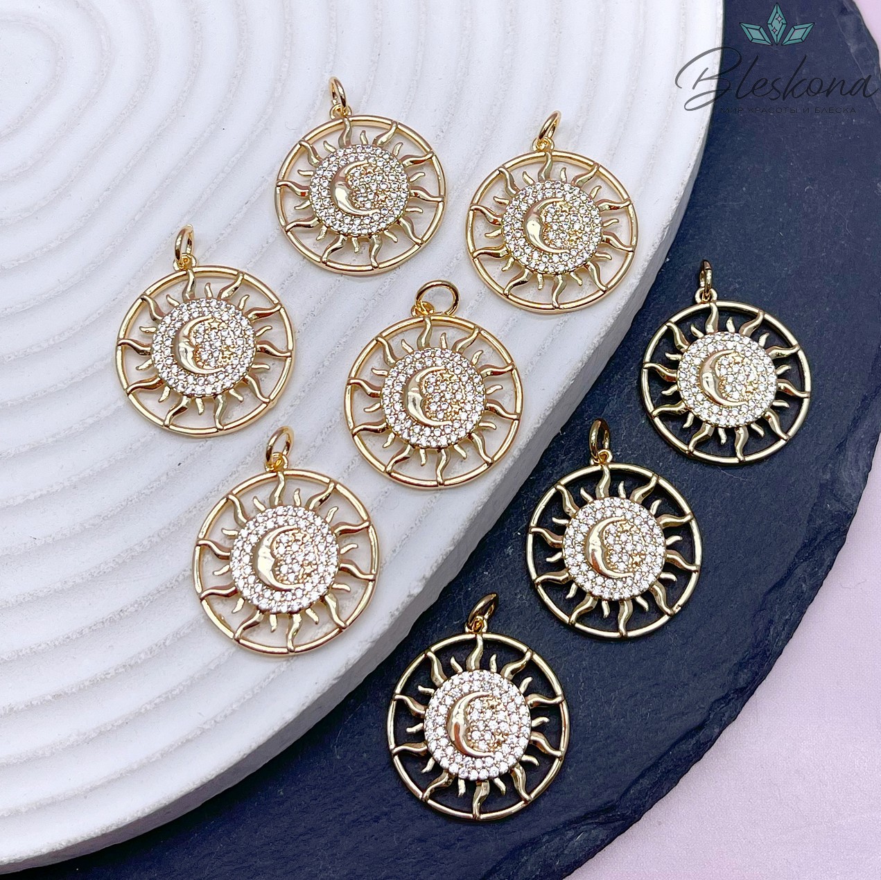 22*20 мм Цвет золото, Подвеска солнце и луна цирконы