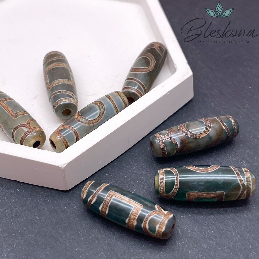 Бусина Дзи Небо и Земля зелено-коричневый бочонок №1 30*11 мм