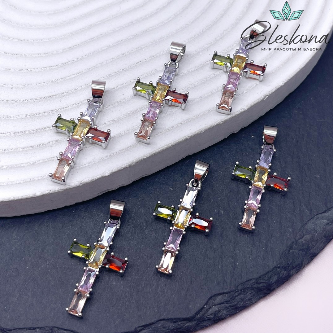 28*16 мм Цвет серебро, Подвеска крест цирконы микс