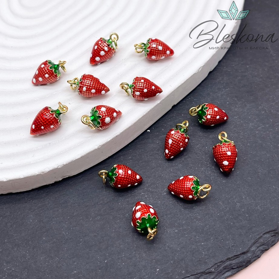 16*9 мм, цвет золото, Подвеска клубничка эмаль