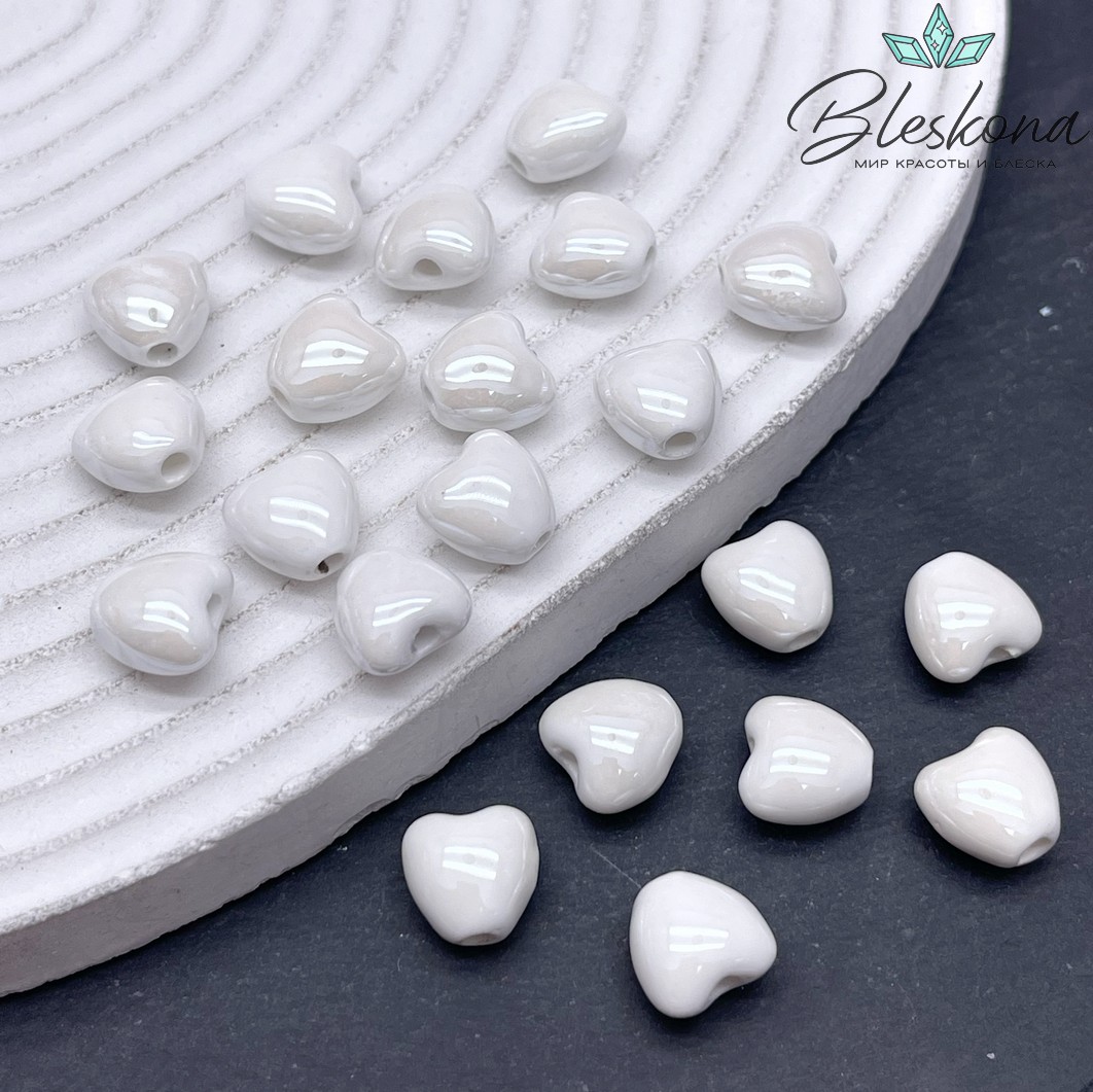 10 мм Бусина сердце, керамика цвет белый