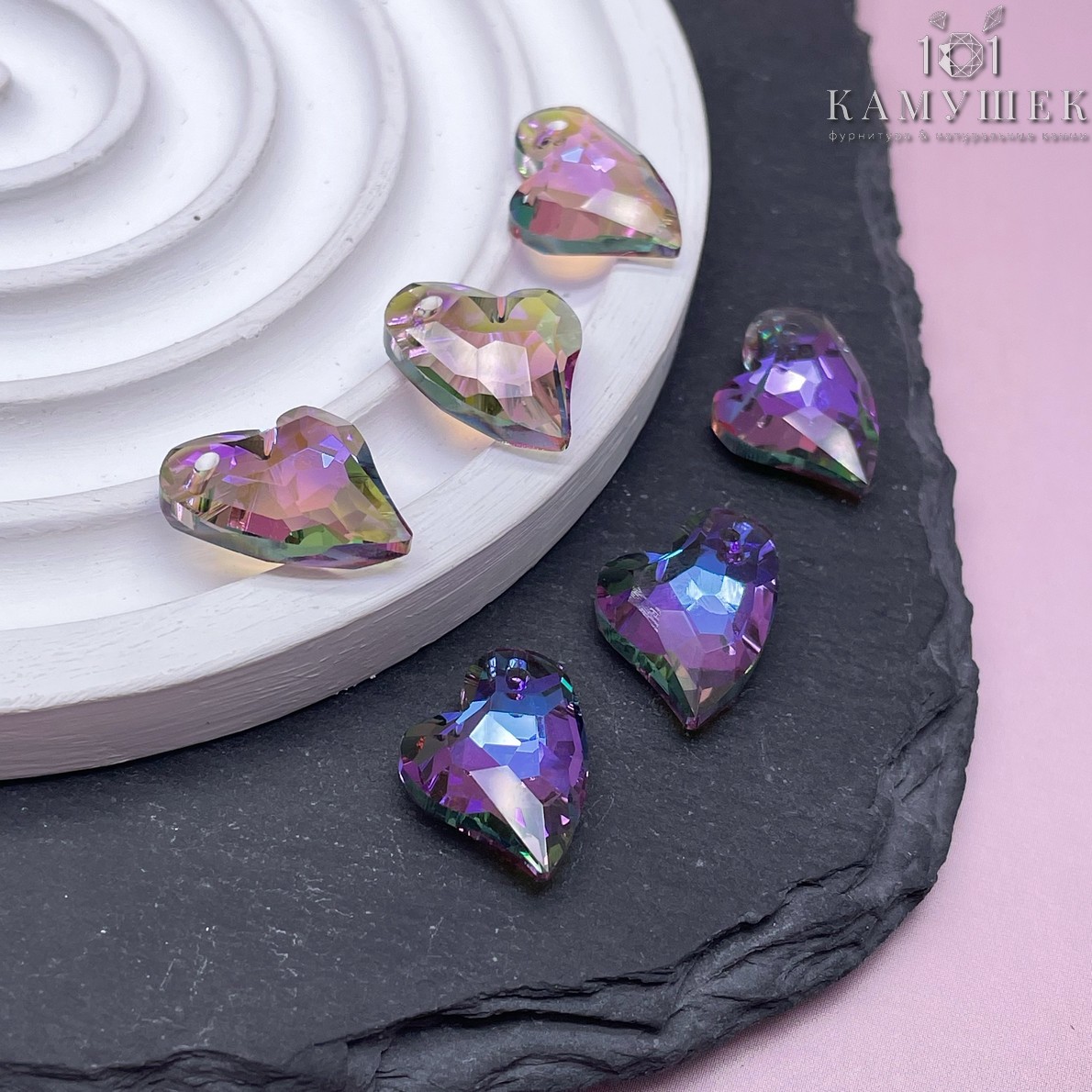 16,5*14 мм, Подвеска сердце стекло белое с переливом (Paradise Shine) уп. 2 шт