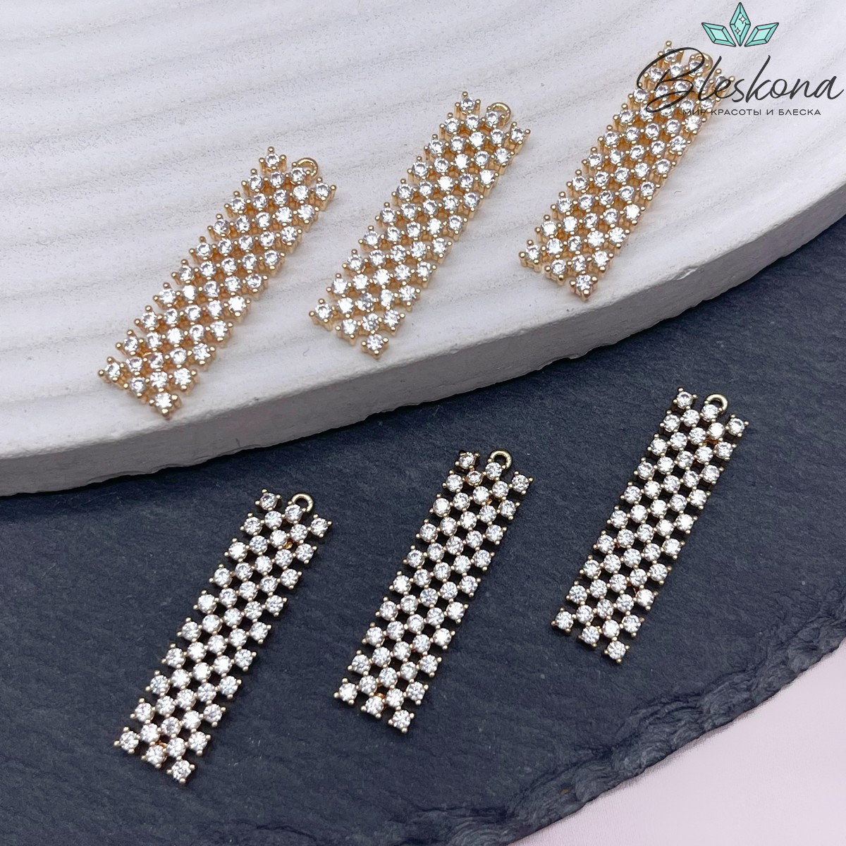 7*26мм Подвеска прямоугольник мозаика цирконы, цвет золото 