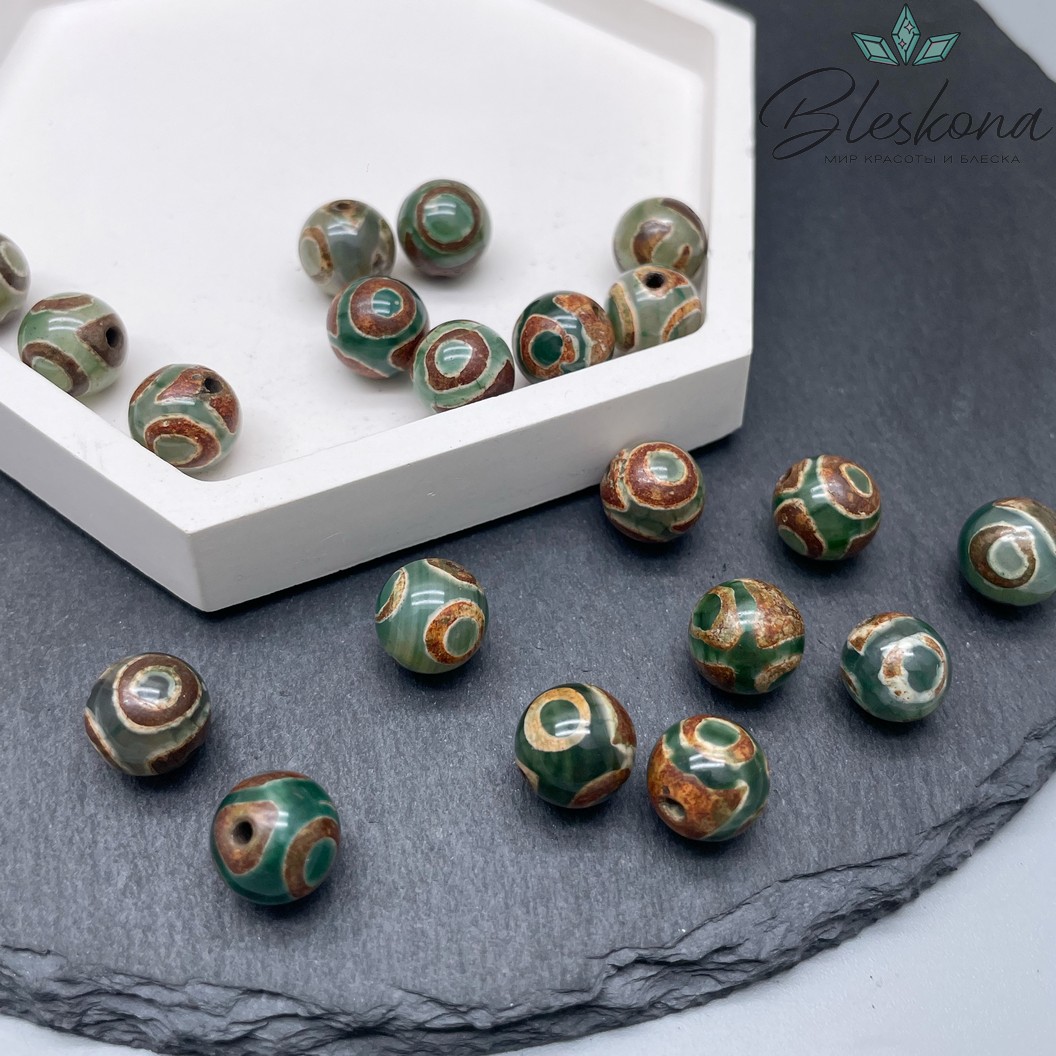 Бусина Дзи 3 глаза зелено-коричневый шар №1 10 мм уп.10 шт.