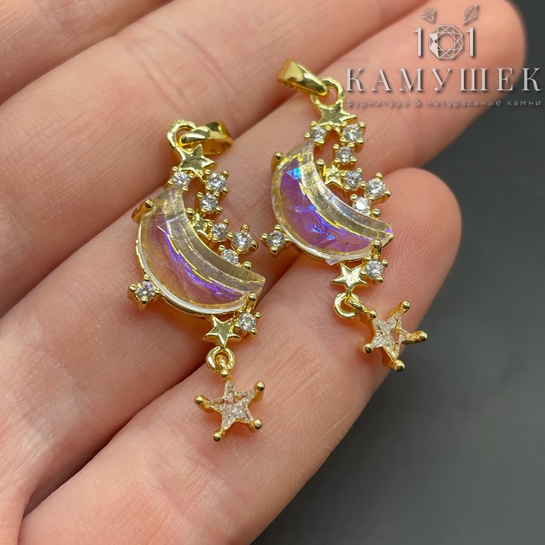 13*33мм, Цвет золото, Подвеска Луна стекло с переливами цирконы