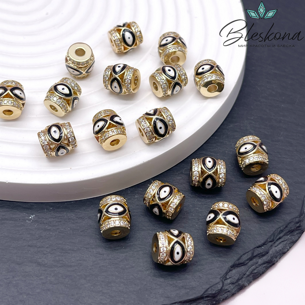 10*9,5 мм Цвет золото, Бусина бочонок глаза цирконы черная эмаль