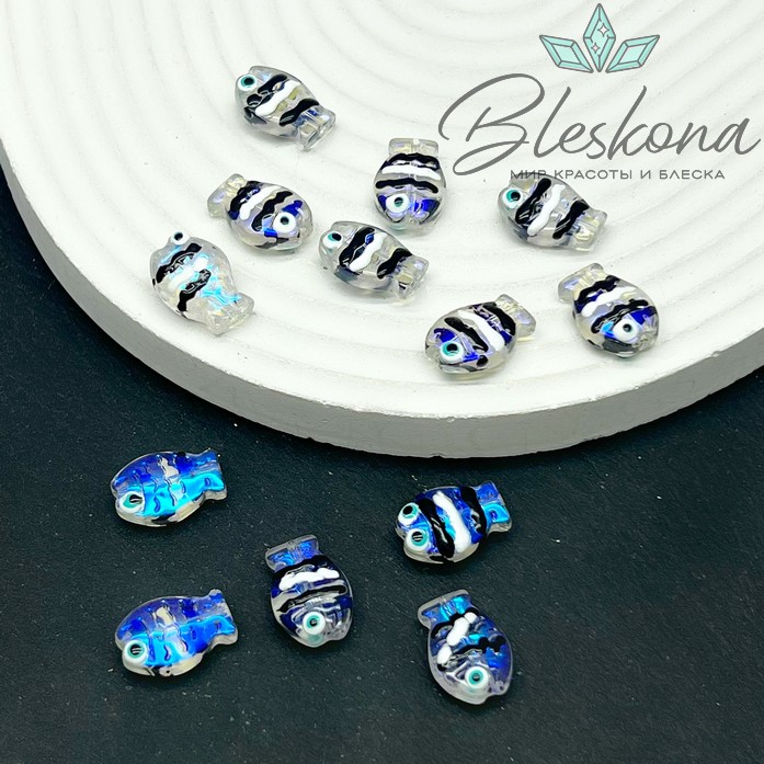 14*10 мм  Бусина рыбка прозрачная с синим переливом