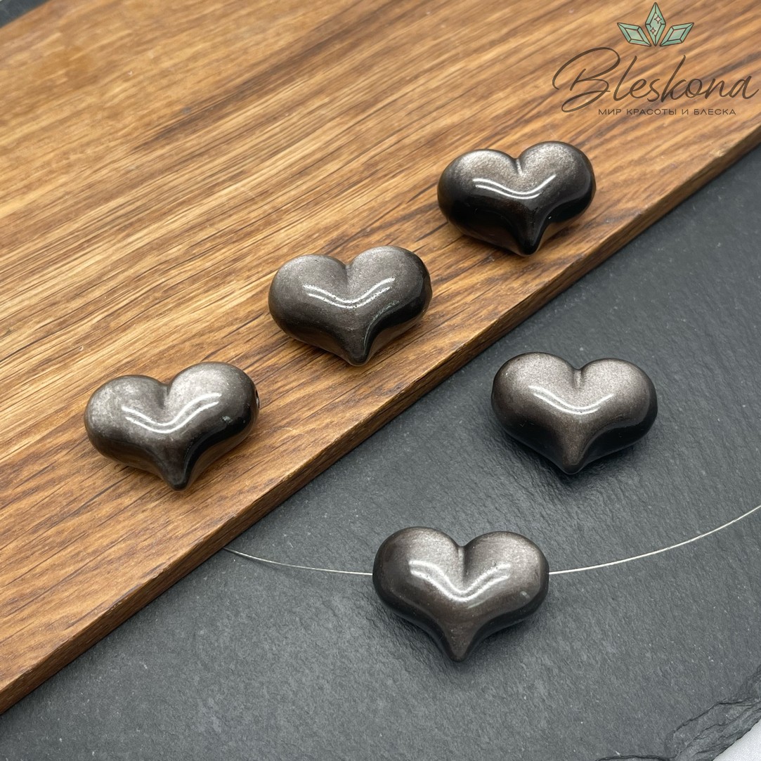 Бусина Сердце Обсидиан серебристый 18,5*26 мм