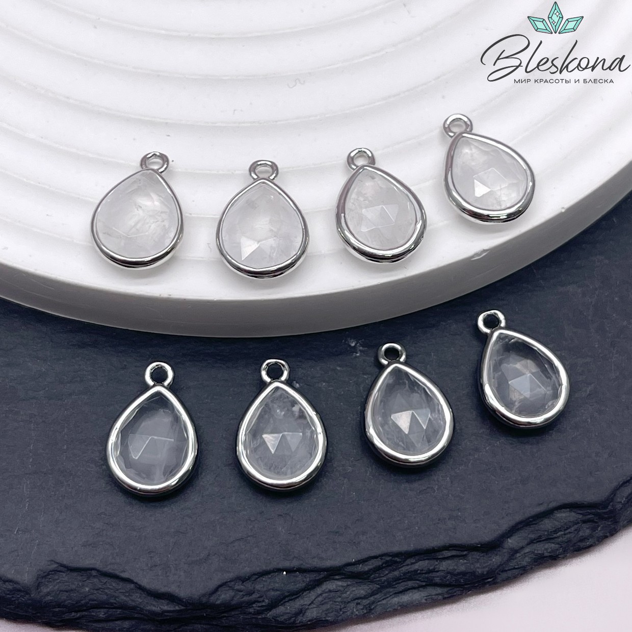 14*9,5 мм Цвет серебро, Подвеска капля Горный Хрусталь огранка