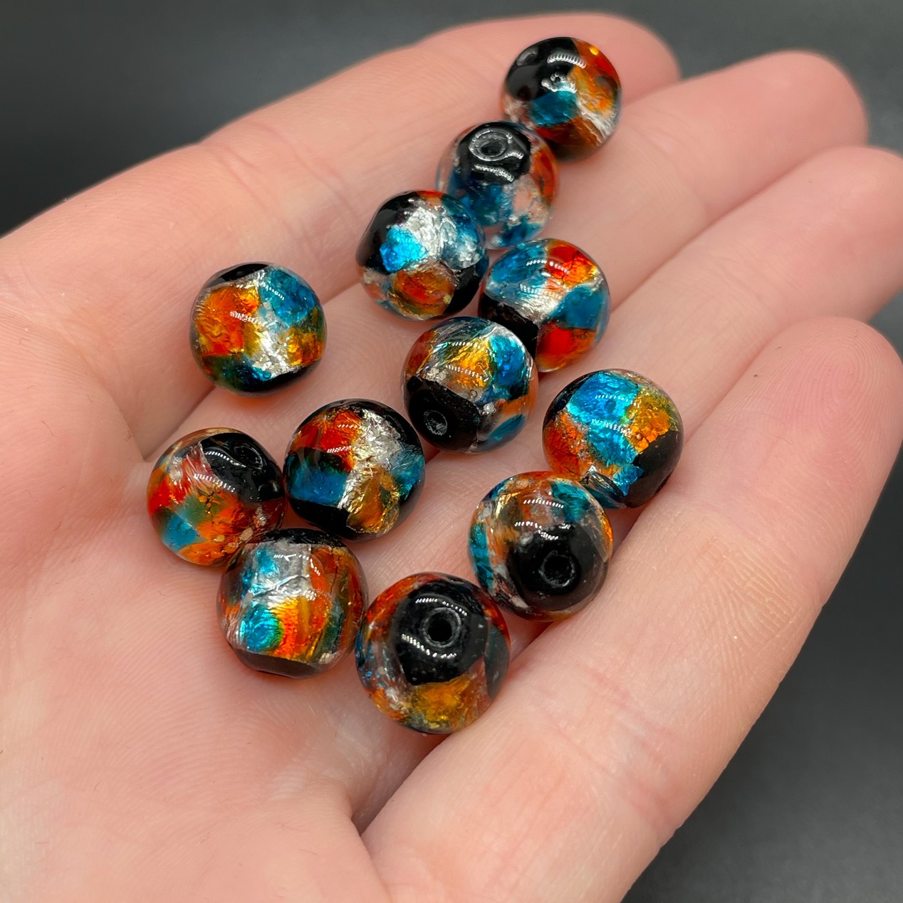 10 мм, Стекло бусина шар сине-оранжевое с черным обрамлением 