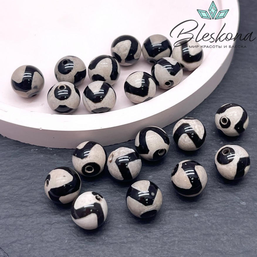 Бусина Дзи Тигриный клык черно-белый шар 10 мм уп.10 шт.