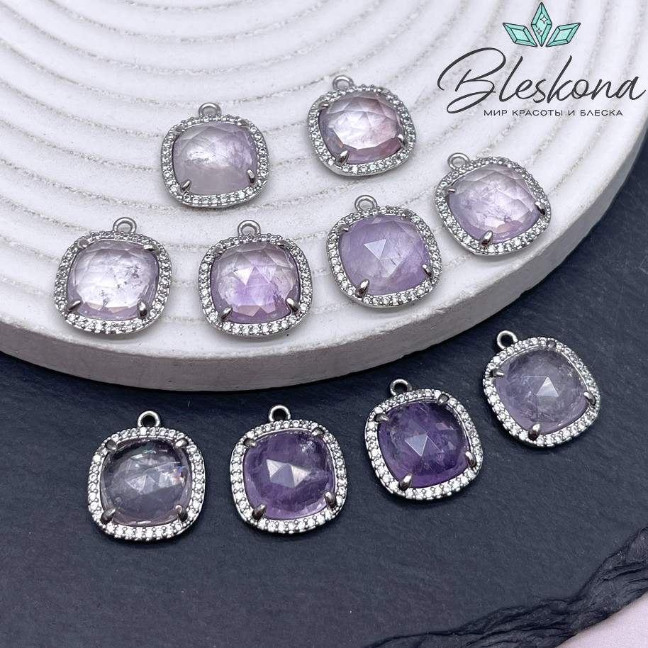 14мм, цвет серебро ,Подвеска квадрат Аметист Лавандовый в обрамлении цирконы