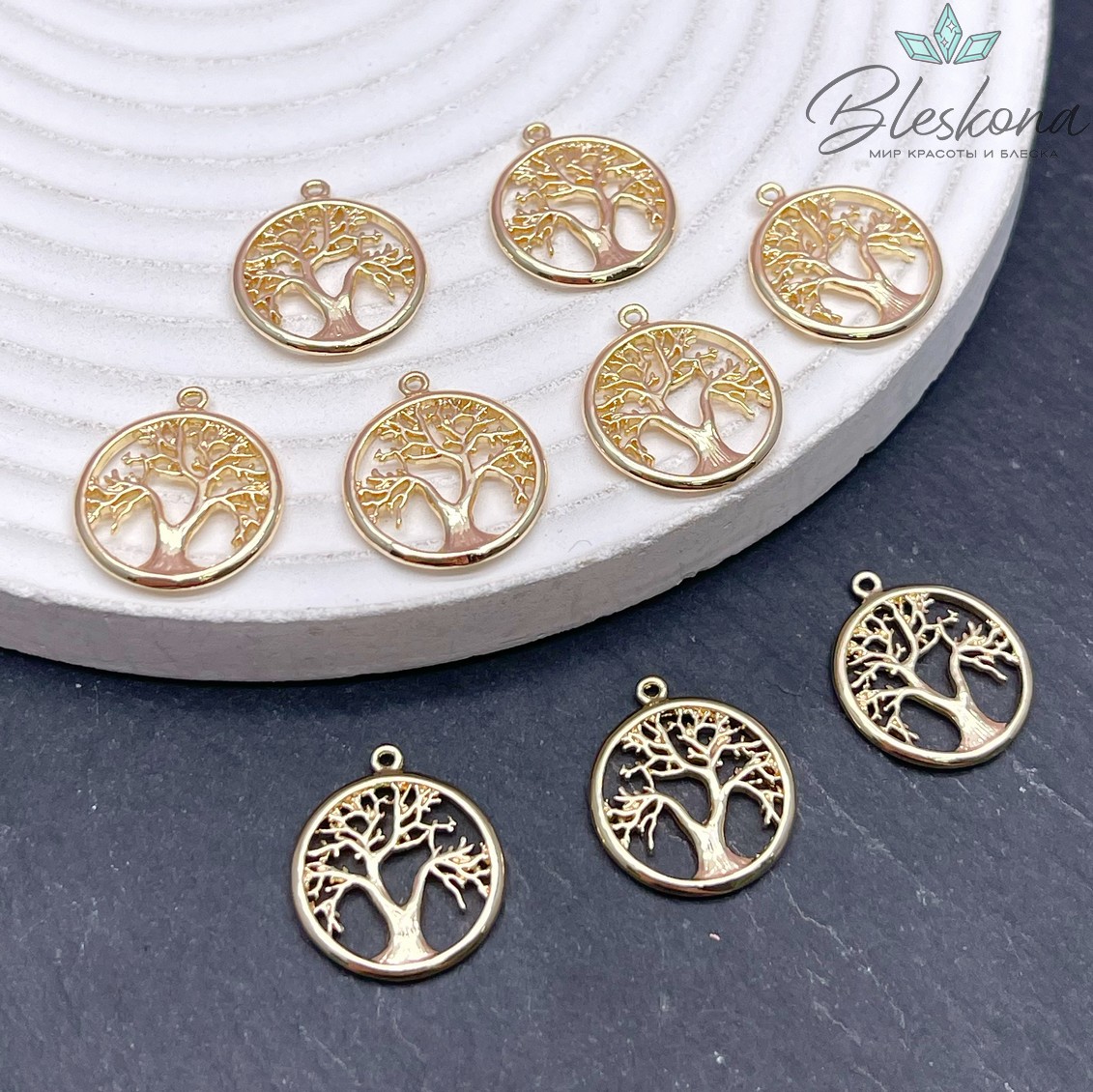 17,4*15 мм Цвет золото, Подвеска круг дерево Счастья