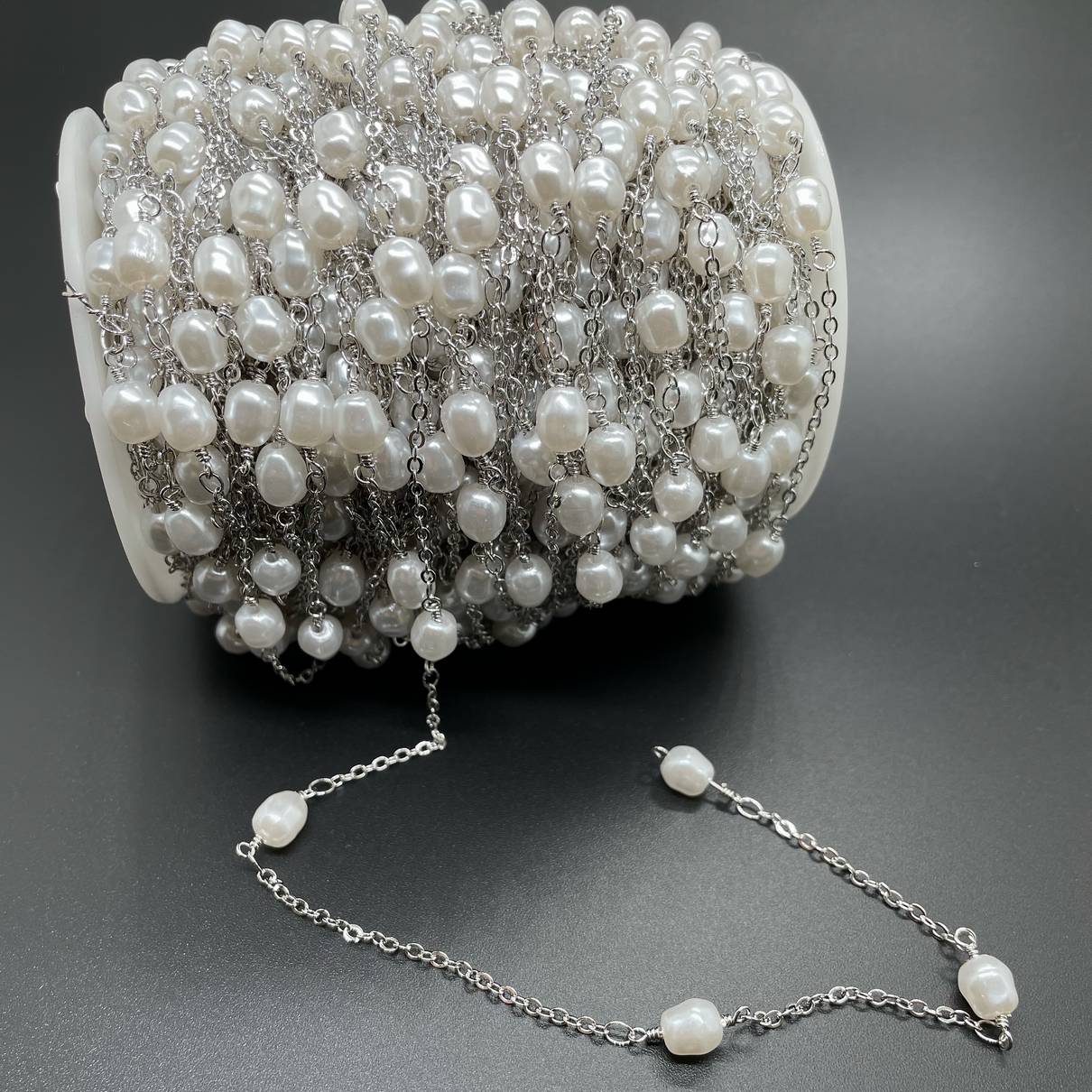 Цепь №267 цвет серебро 2*2,5 мм, имитация жемчуга