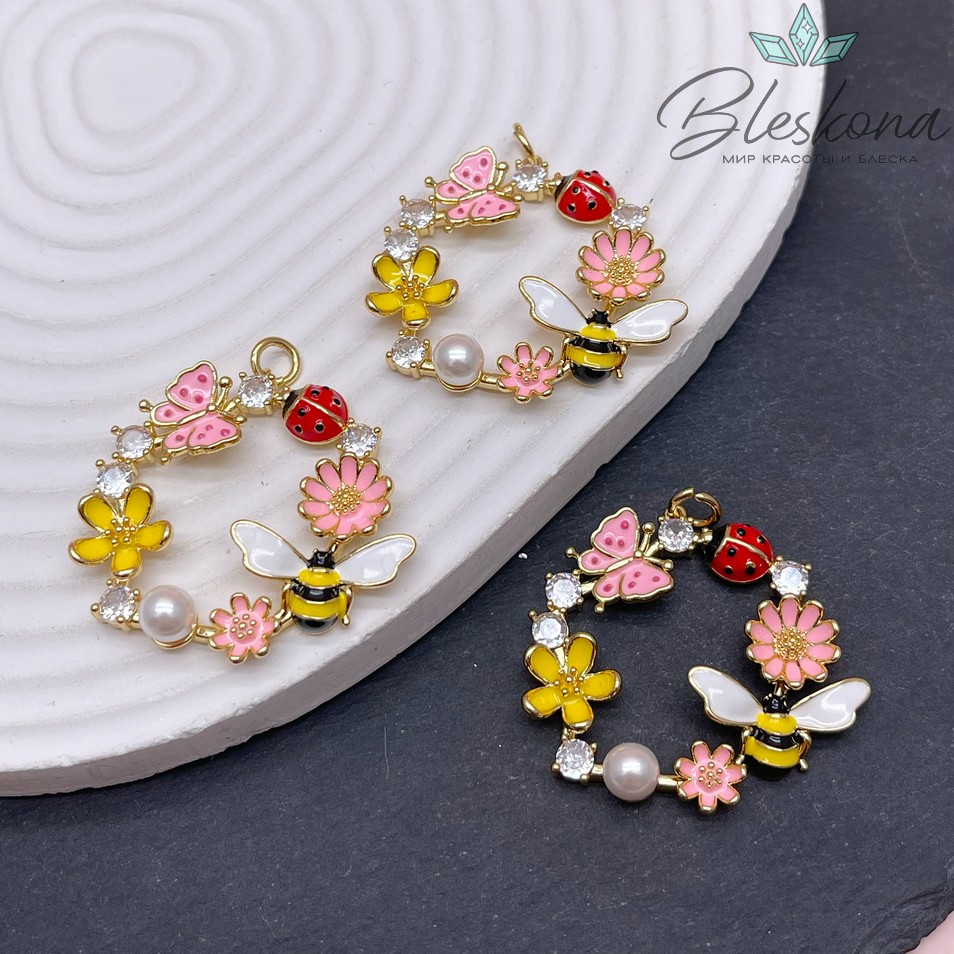 35 мм, Цвет золото, Подвеска Круг с насекомыми