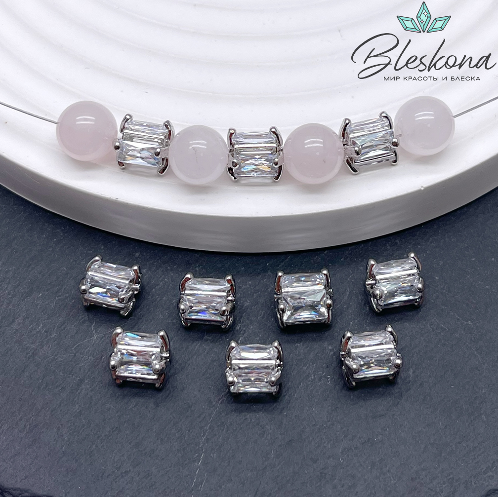 8*6 мм, цвет серебро, Бусина цилиндр цирконы