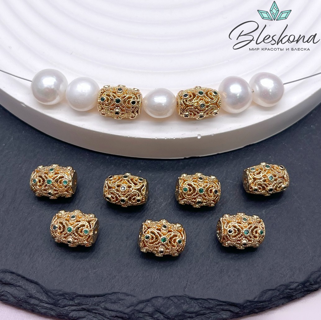 10,6*8,3 мм Цвет золото, Бусина цилиндр зеленые цирконы