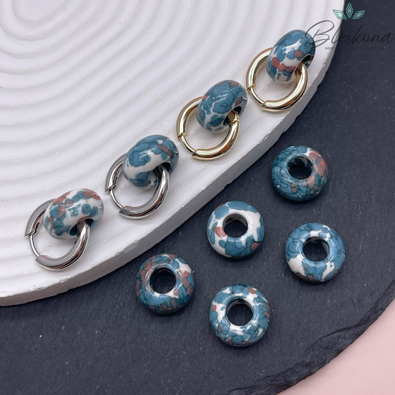 Бублик Агат белый серо- коричневые узоры (имитация) 15 мм