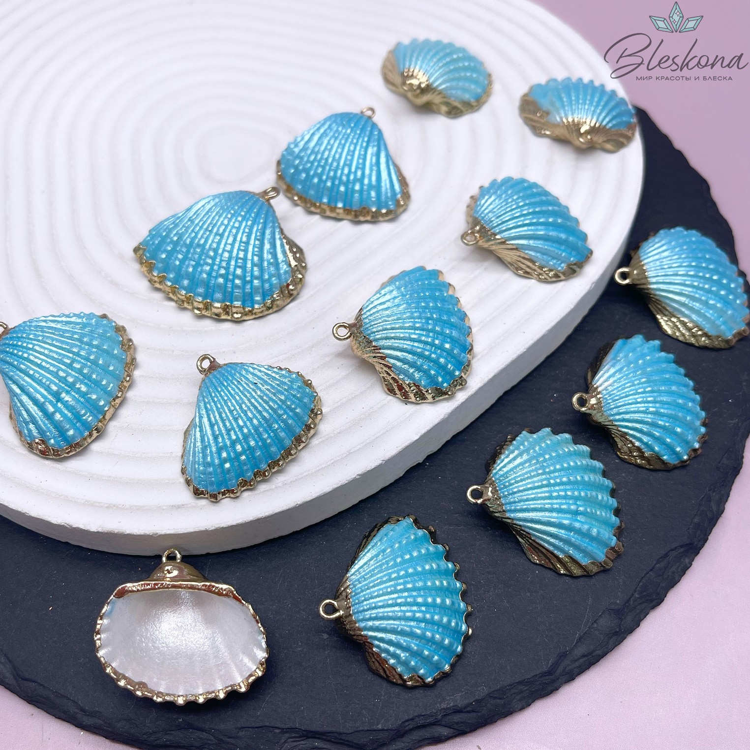 (25-30)*(29-33) мм, Цвет золото, Подвеска Ракушка голубая
