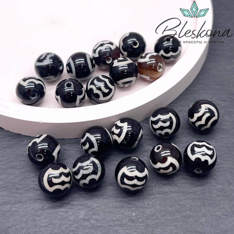 Бусина Дзи Птица Гаруда черно-белый шар 10 мм уп.10 шт.