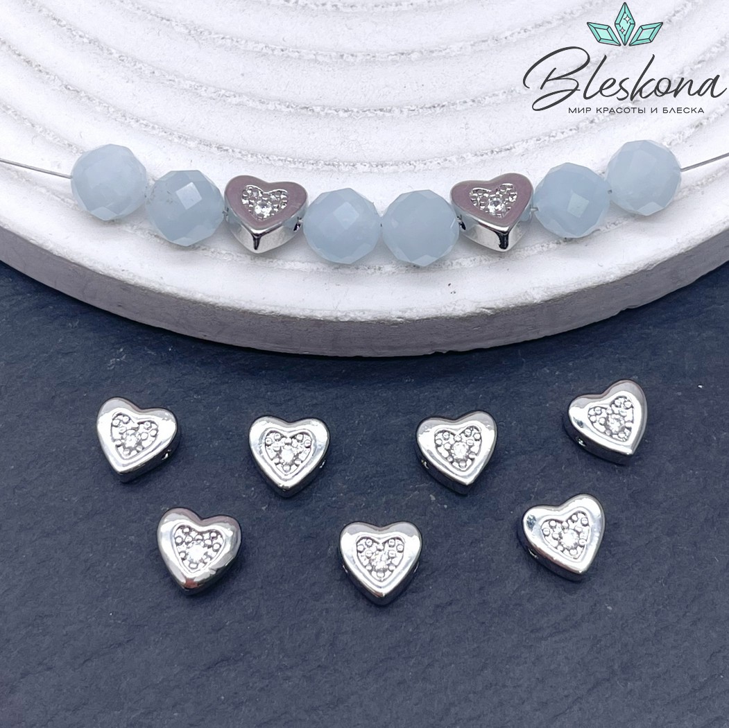 7*7,7мм Цвет серебро, Бусина Сердце цирконы 