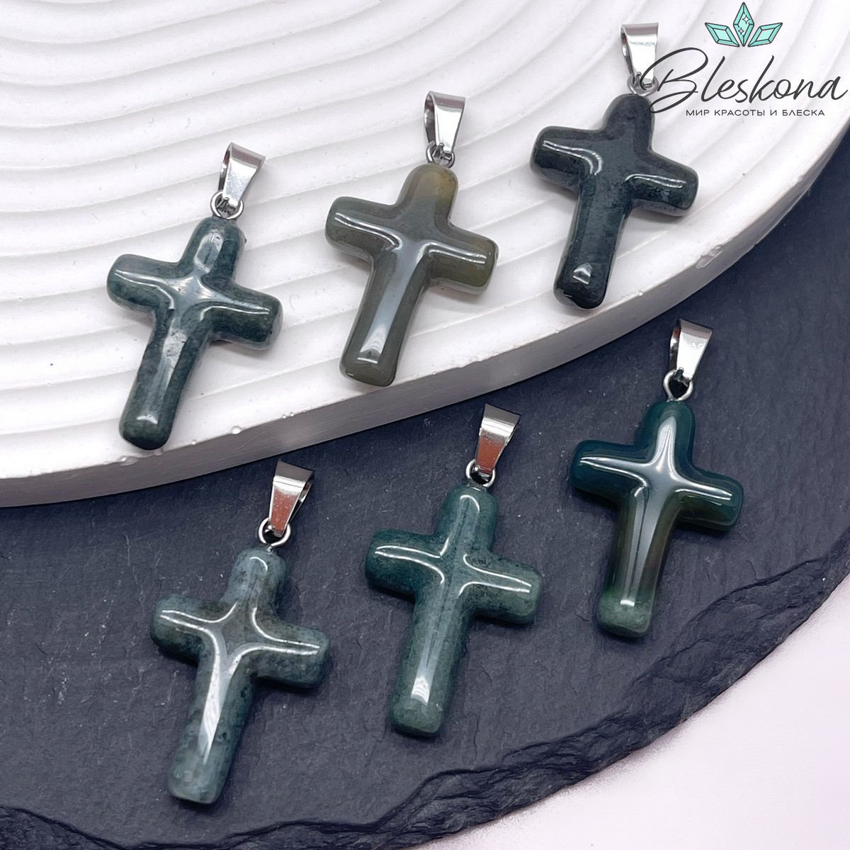 Подвеска крест Агат Моховой, цвет серебро 28,5*18 мм