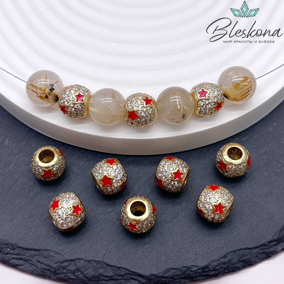 9*10 мм Цвет золото, Бусина бочонок звезды цирконы красная эмаль