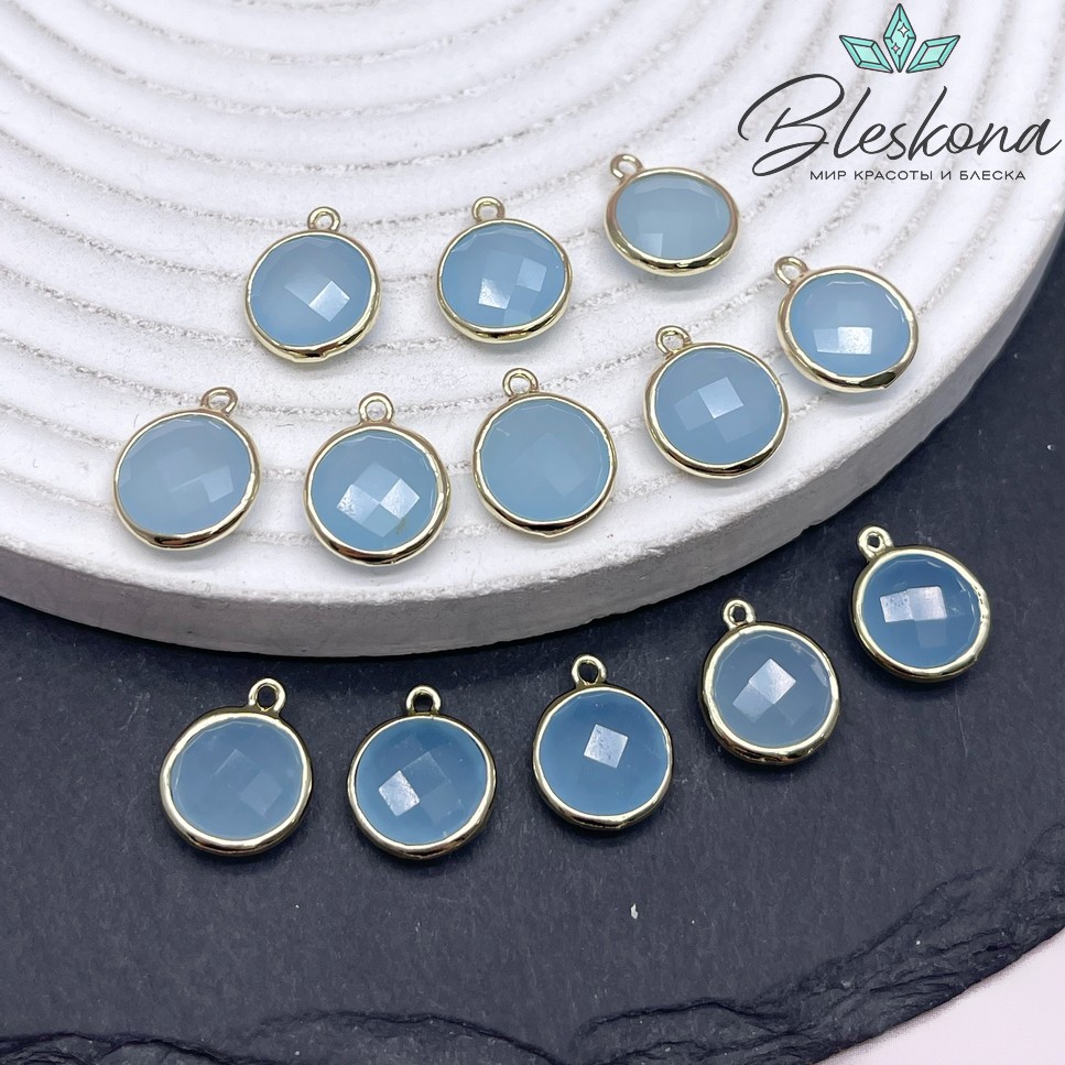 10,5мм, цвет золото ,Подвеска круг мини Кварц тонированный голубой  огранка