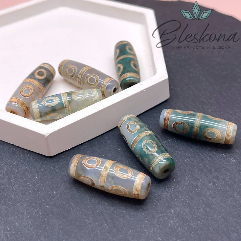 Бусина Дзи 8 глаз зелено-коричневый бочонок 30*11 мм