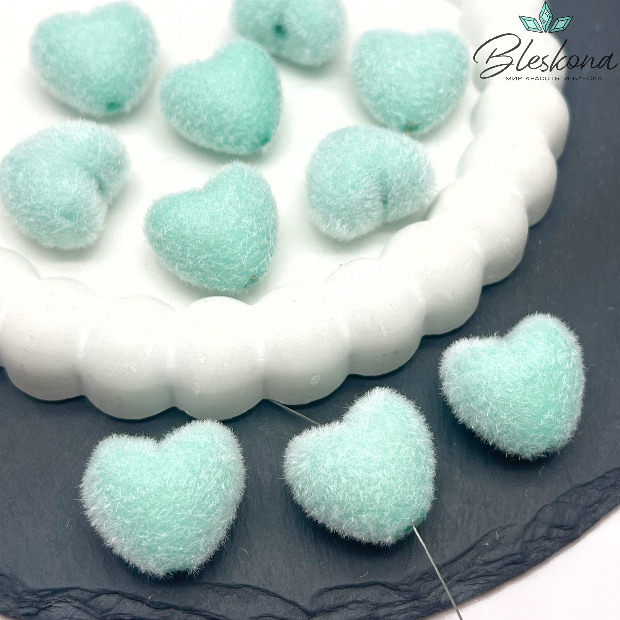 21мм Бархатная бусина Сердце, Цвет бирюзовый