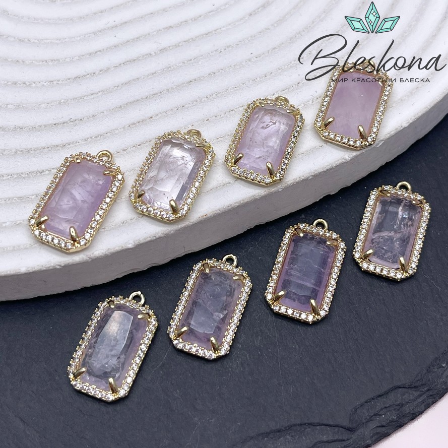 12*21мм, цвет золото ,Подвеска Прямоугольник Лавандовый Аметист в обрамлении цирконы