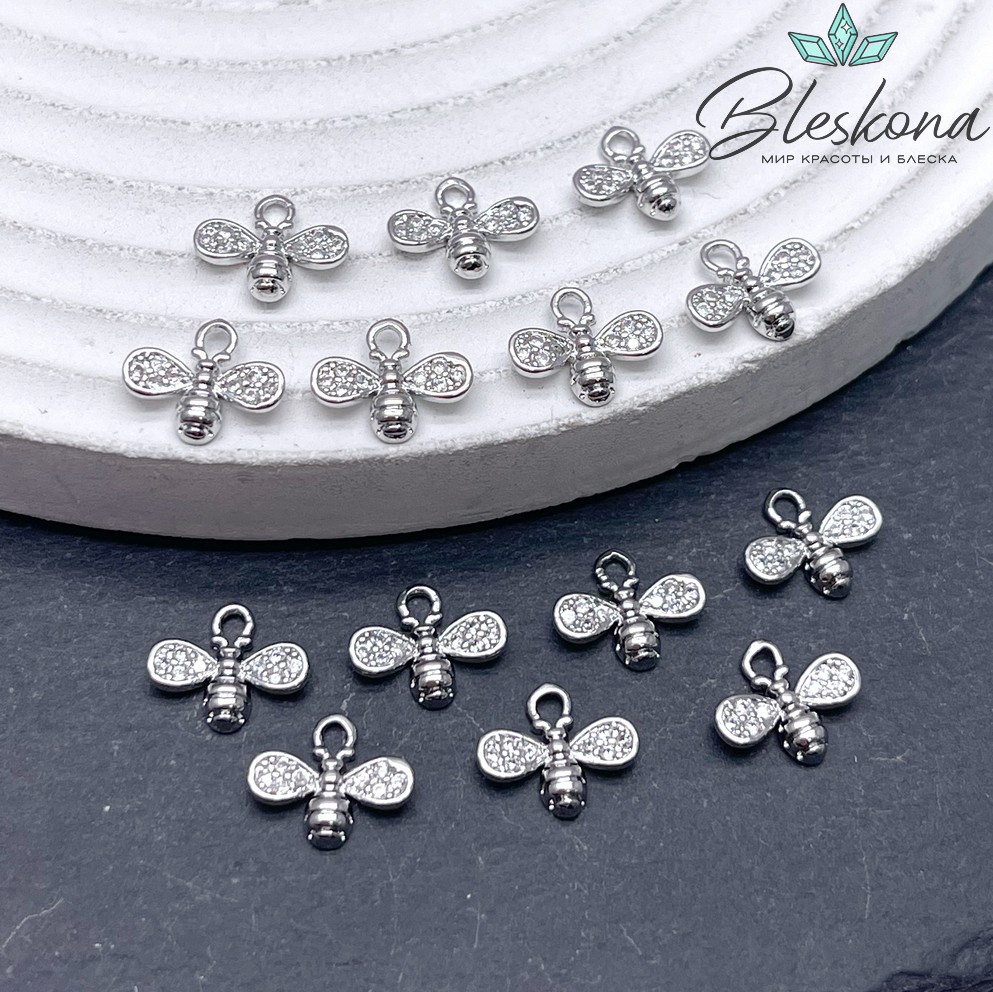 8,5*10 мм Цвет серебро, Подвеска Пчелка с цирконами