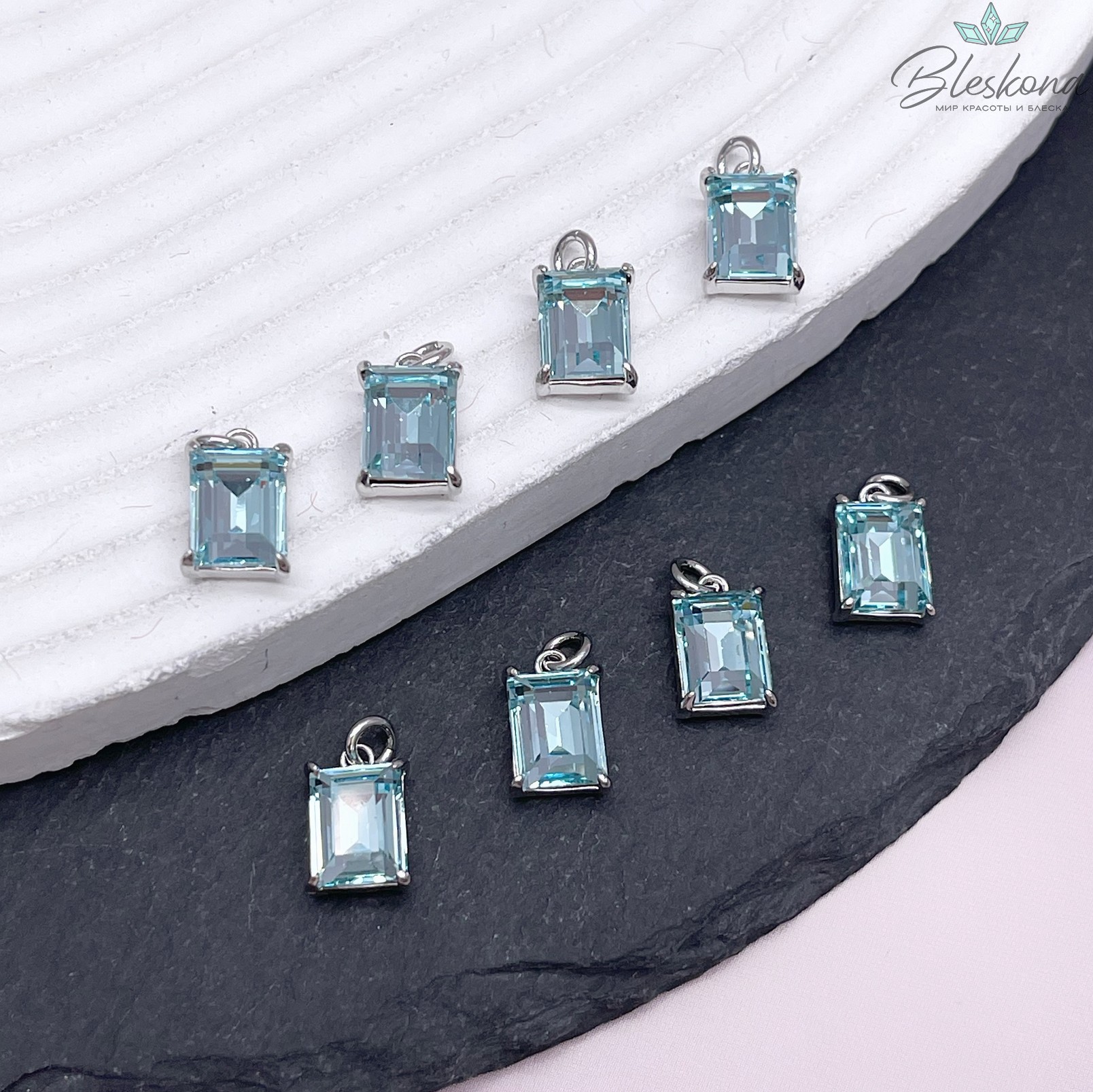 8*5 мм, Цвет серебро, Подвеска прямоугольник голубой циркон