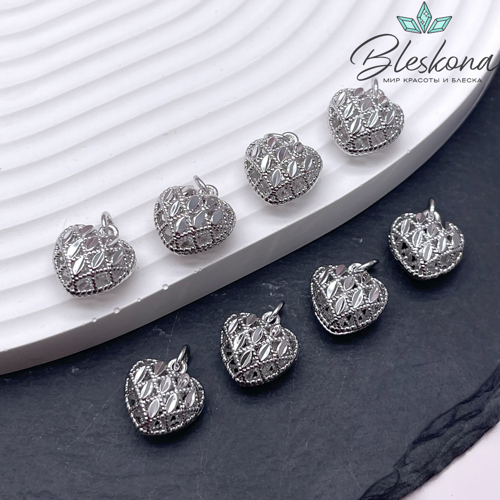 13*12 мм, цвет серебро, Подвеска сердце объемное ромбики