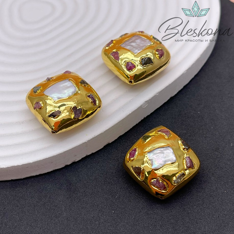 23*23 мм Цвет золото, Бусина  Жемчуг квадрат инкрустированный натуральными камнями