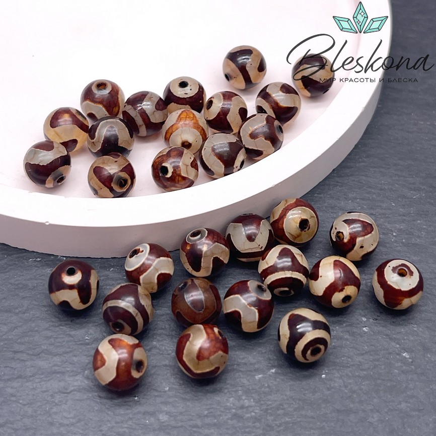 Бусина Дзи Тигриный клык серо-коричневый шар 8 мм уп.15 шт.