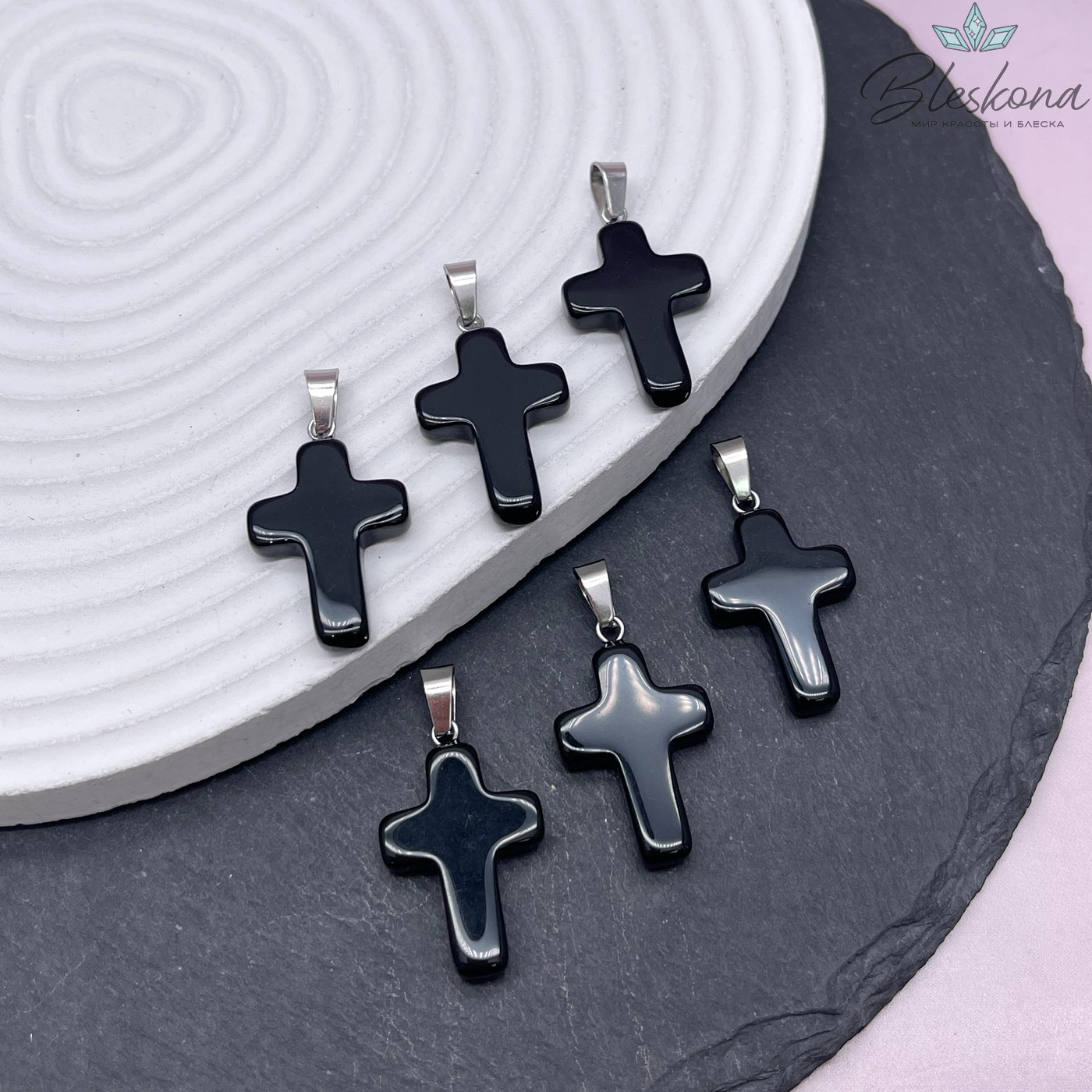 Подвеска крест Агат черный, цвет серебро 26*18 мм
