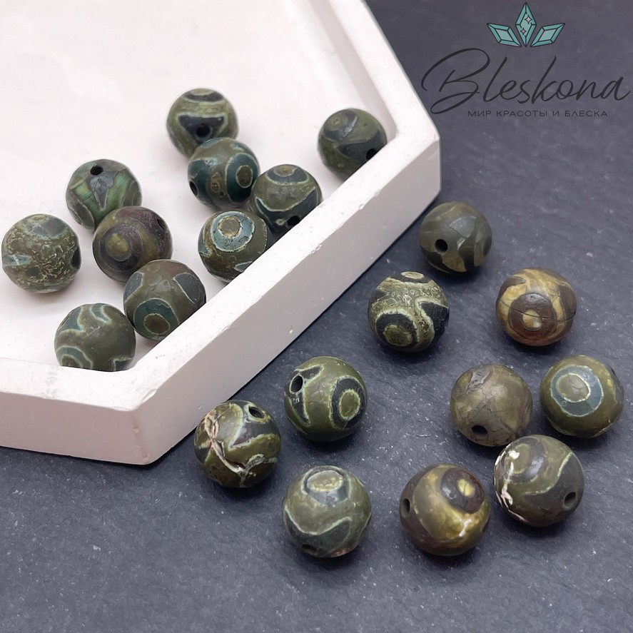 Бусина Дзи 3 глаза темно-зеленый шар 10 мм уп.10 шт.