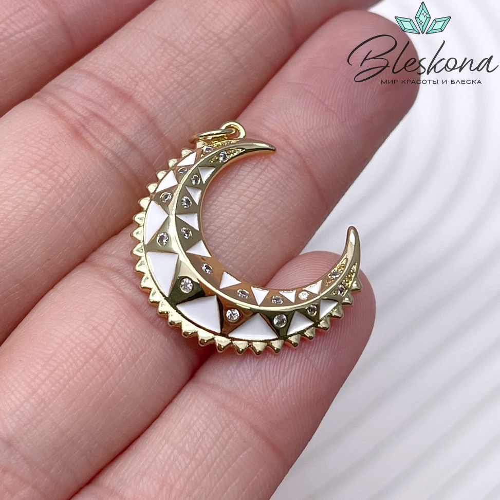 24*21 мм Цвет золото, Подвеска полумесяц с цирконами белая эмаль