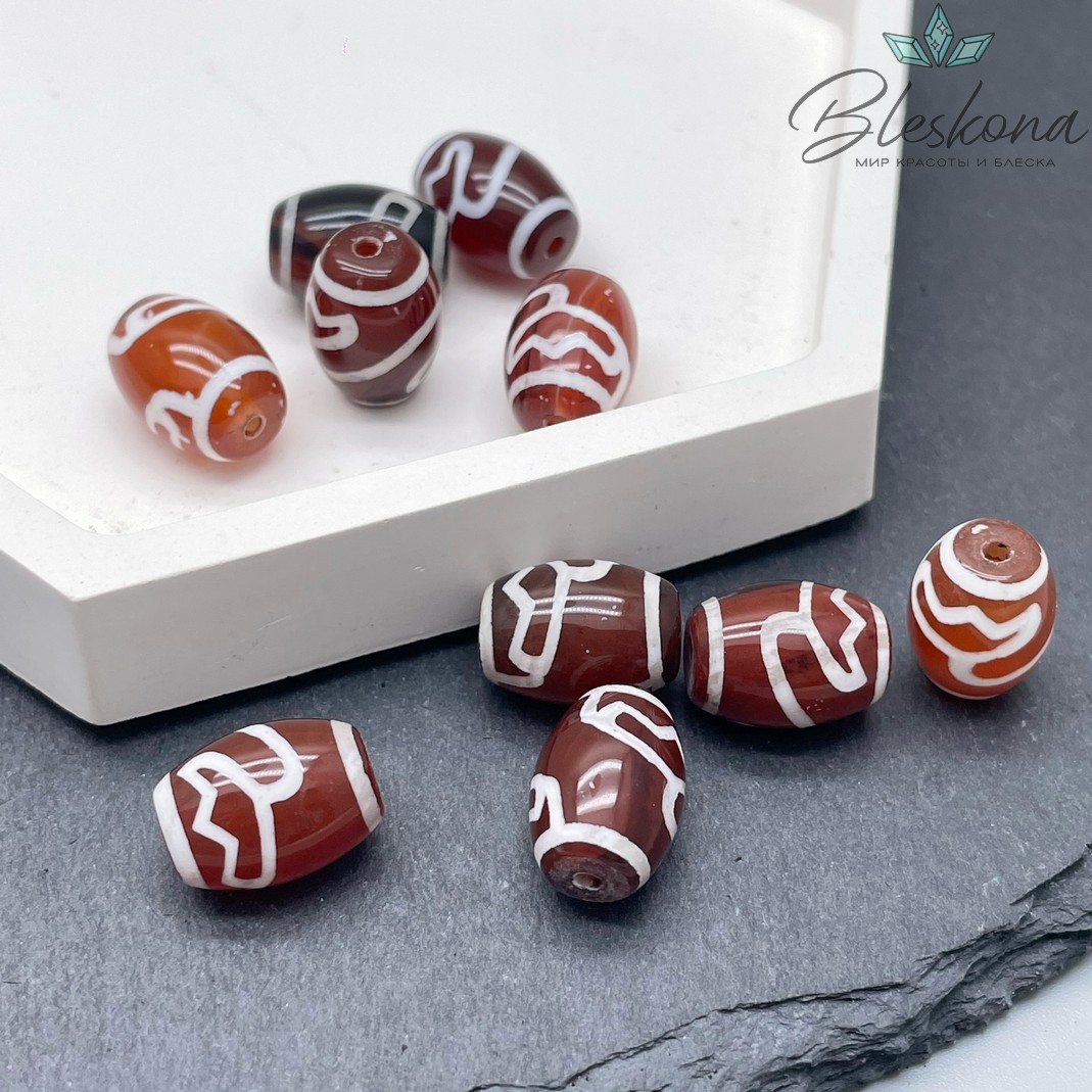 Бусина Дзи Лотос коричнево-белый бочонок 10*14 мм