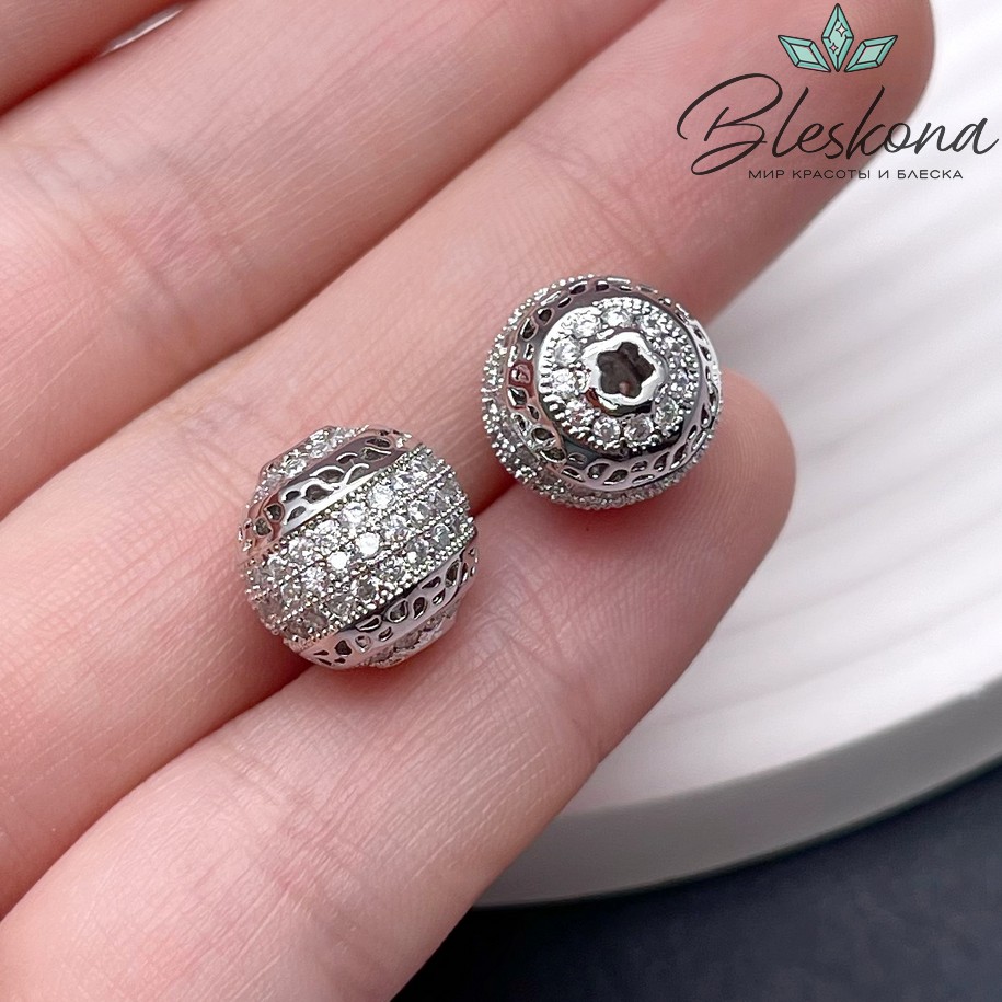 11,5 мм Цвет серебро, Бусина шар цирконы