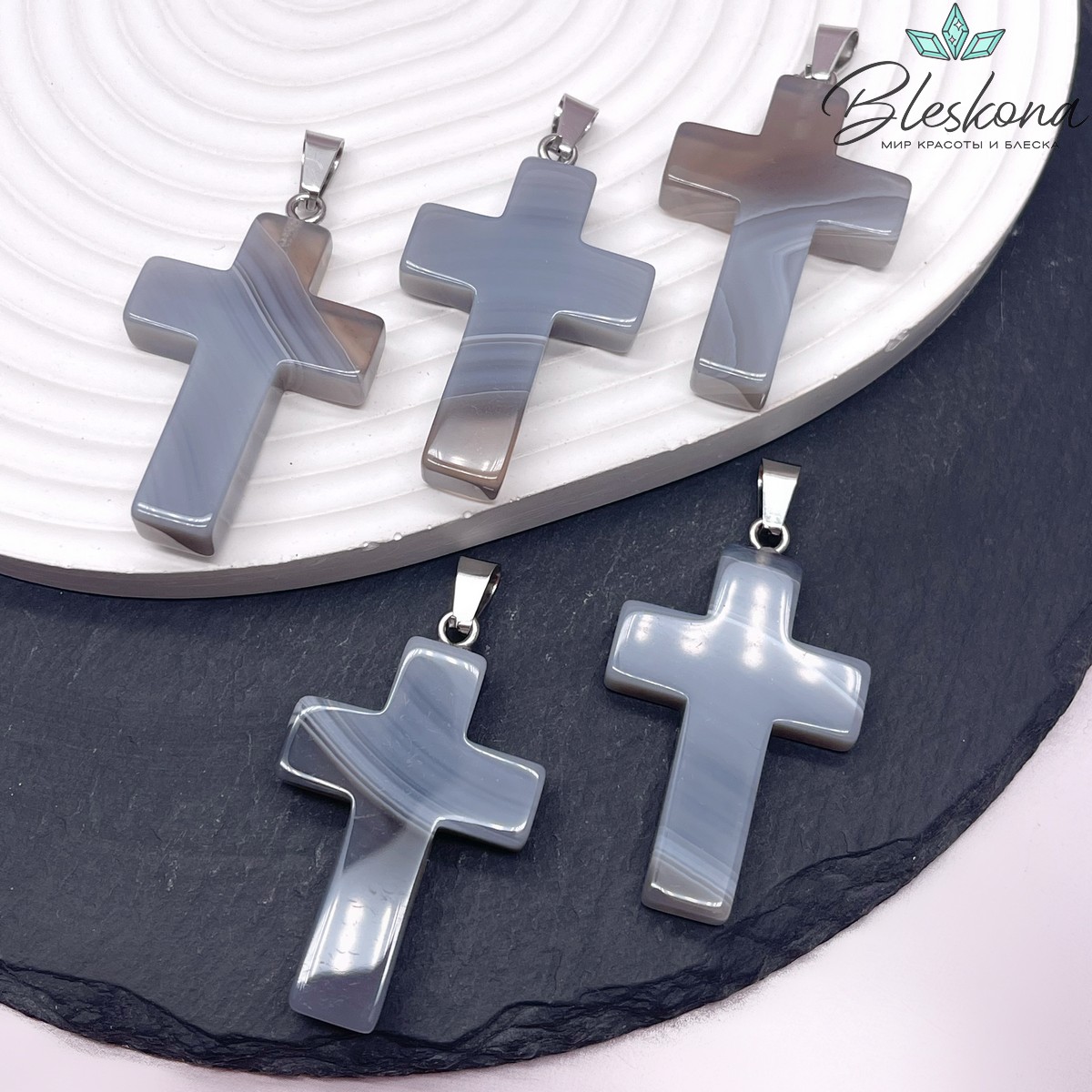 Подвеска крест Агат серый, цвет серебро 44*28 мм