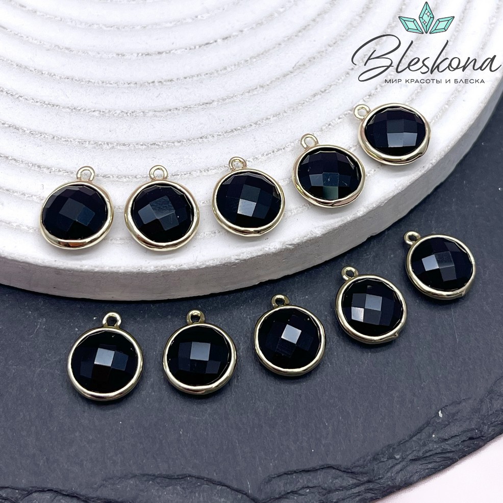 10,5мм, цвет золото ,Подвеска круг мини Черный агат огранка